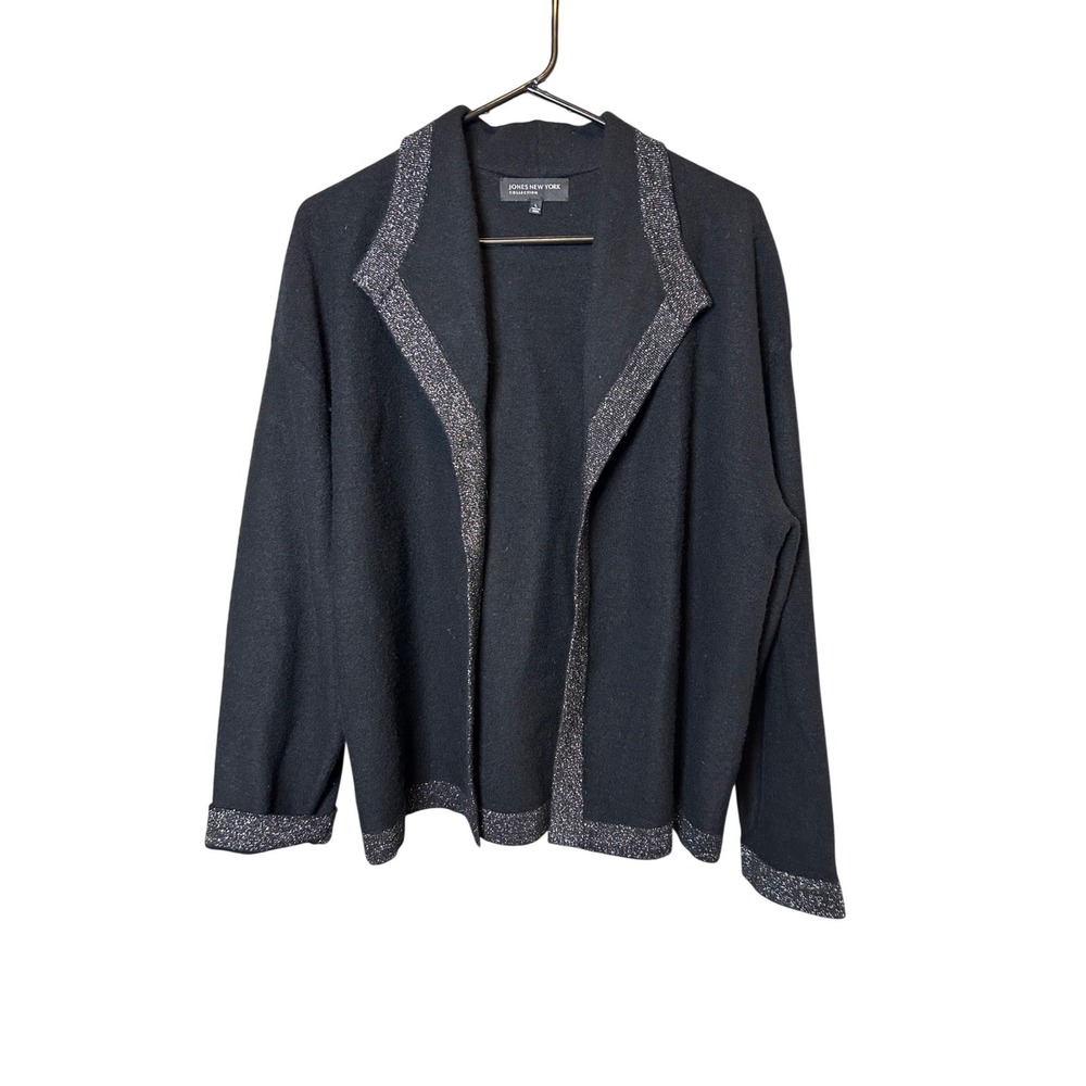 Jones New York Cardigan Sweater Women's Large Black Wool Metallic Trim